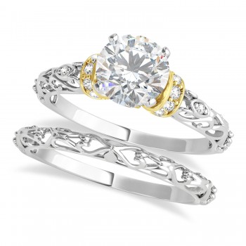 Moissanite & Diamond Antique Style Bridal Set 14k Two-Tone Gold (0.87ct)