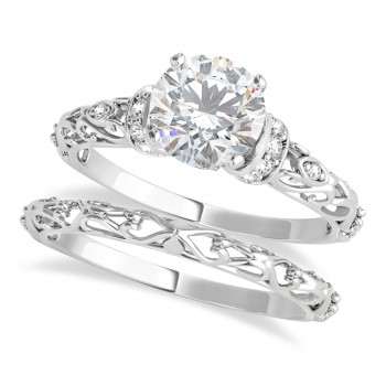 Moissanite & Diamond Antique Style Bridal Set 14k White Gold (1.12ct)