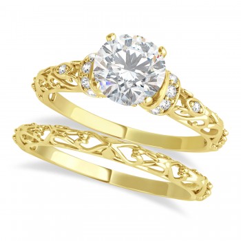 Moissanite & Diamond Antique Style Bridal Set 14k Yellow Gold (1.62ct)