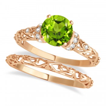 Peridot & Diamond Antique Style Bridal Set 14k Rose Gold (0.87ct)