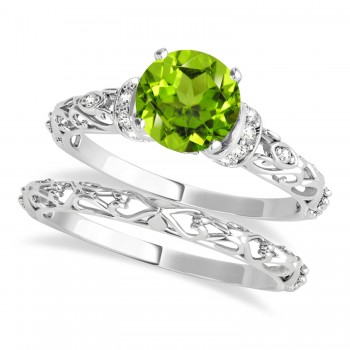 Peridot & Diamond Antique Style Bridal Set 14k White Gold (0.87ct)