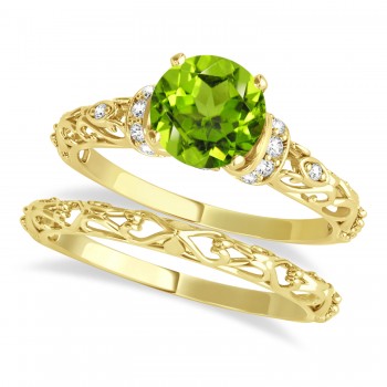 Peridot & Diamond Antique Style Bridal Set 14k Yellow Gold (0.87ct)