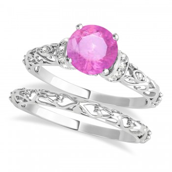 Pink Sapphire & Diamond Antique Style Bridal Set 14k White Gold (0.87ct)