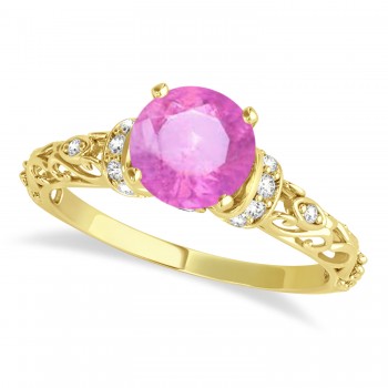 Pink Sapphire & Diamond Antique Bridal Set 18k Yellow Gold 0.87ct