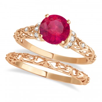 Ruby & Diamond Antique Style Bridal Set 14k Rose Gold (1.12ct)