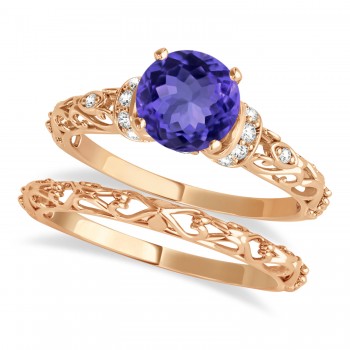 Tanzanite & Diamond Antique Style Bridal Set 14k Rose Gold (0.87ct)