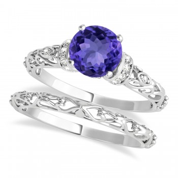 Tanzanite & Diamond Antique Style Bridal Set 14k White Gold (0.87ct)