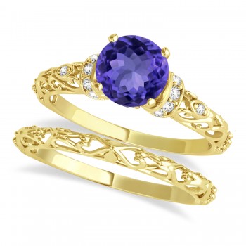 Tanzanite & Diamond Antique Style Bridal Set 14k Yellow Gold (0.87ct)