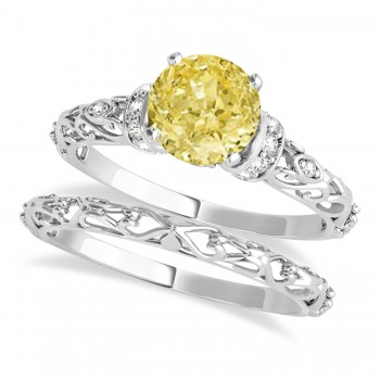 Yellow Diamond & Diamond Antique Style Bridal Set 14k White Gold (0.87ct)