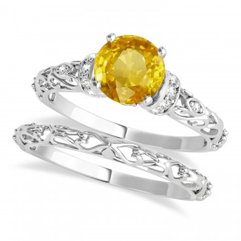 Yellow Sapphire & Diamond Antique Style Bridal Set 14k White Gold (0.87ct)