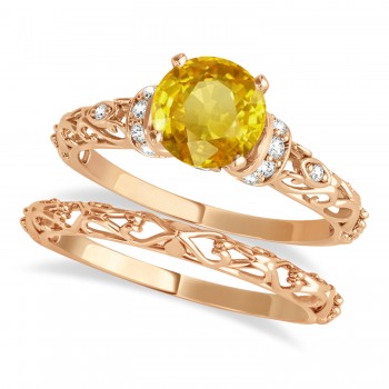 Yellow Sapphire & Diamond Antique Style Bridal Set 14k Rose Gold (1.62ct)