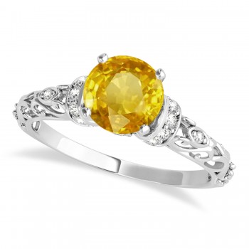 Yellow Sapphire & Diamond Antique Style Bridal Set 14k White Gold (1.62ct)