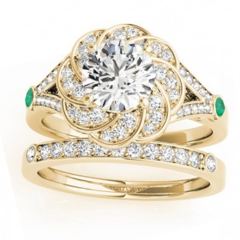 Diamond & Emerald Floral Bridal Set Setting 18k Yellow Gold (0.35ct)