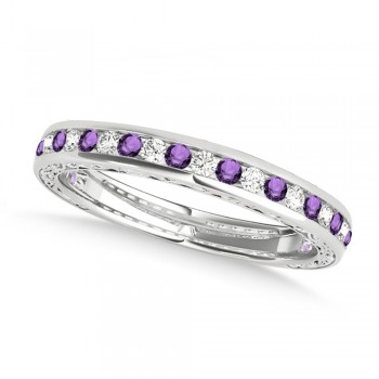 Diamond and Amethyst Channel Set Wedding Band 14k White Gold (0.45ct)