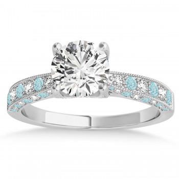 Alternating Diamond & Aquamarine Engravable Engagement Ring in 14k White Gold (0.45ct)