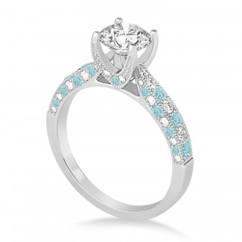 Alternating Diamond & Aquamarine Engravable Engagement Ring in 18k White Gold (0.45ct)