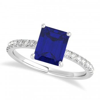 Emerald Blue Sapphire & Diamond Single Row Hidden Halo Engagement Ring 18k White Gold (1.31ct)
