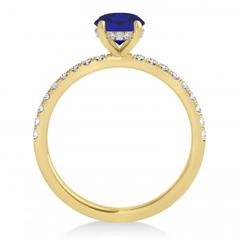 Emerald Blue Sapphire & Diamond Single Row Hidden Halo Engagement Ring 18k Yellow Gold (1.31ct)