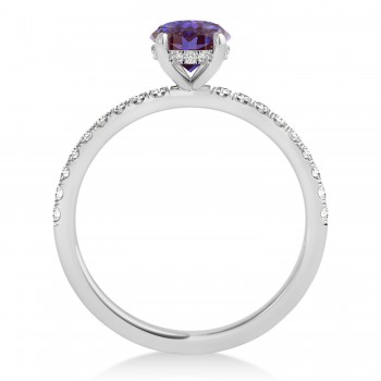 Oval Alexandrite & Diamond Single Row Hidden Halo Engagement Ring 18k White Gold (0.68ct)