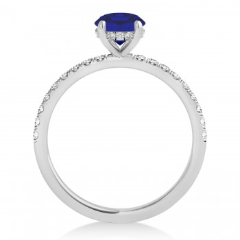Oval Blue Sapphire & Diamond Single Row Hidden Halo Engagement Ring 14k White Gold (0.68ct)