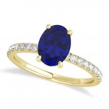 Oval Blue Sapphire & Diamond Single Row Hidden Halo Engagement Ring 18k Yellow Gold (0.68ct)