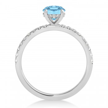 Oval Blue Topaz & Diamond Single Row Hidden Halo Engagement Ring 14k White Gold (0.68ct)