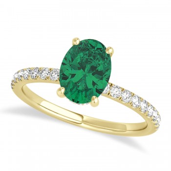 Oval Emerald & Diamond Single Row Hidden Halo Engagement Ring 18k Yellow Gold (0.68ct)