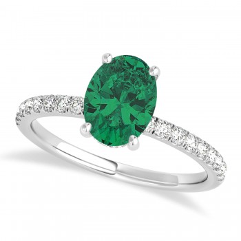 Oval Emerald & Diamond Single Row Hidden Halo Engagement Ring Palladium (0.68ct)