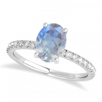 Oval Moonstone & Diamond Single Row Hidden Halo Engagement Ring 14k White Gold (0.68ct)