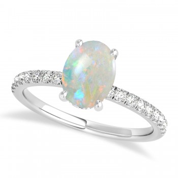 Oval Opal & Diamond Single Row Hidden Halo Engagement Ring 14k White Gold (0.68ct)