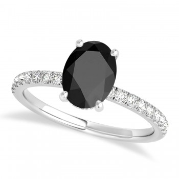 Oval Onyx & Diamond Single Row Hidden Halo Engagement Ring 18k White Gold (0.68ct)