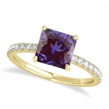 Princess Alexandrite & Diamond Single Row Hidden Halo Engagement Ring 18k Yellow Gold (0.81ct)