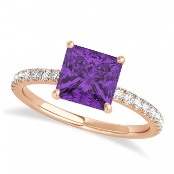 Princess Amethyst & Diamond Single Row Hidden Halo Engagement Ring 14k Rose Gold (0.81ct)