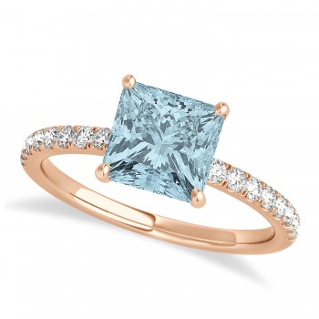 Princess Aquamarine & Diamond Single Row Hidden Halo Engagement Ring 14k Rose Gold (0.81ct)