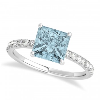 Princess Aquamarine & Diamond Single Row Hidden Halo Engagement Ring 14k White Gold (0.81ct)