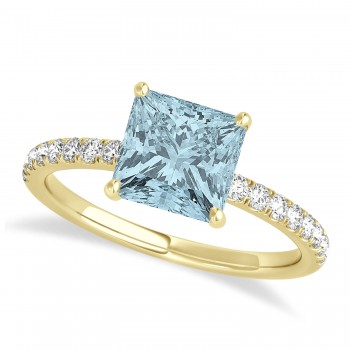 Princess Aquamarine & Diamond Single Row Hidden Halo Engagement Ring 14k Yellow Gold (0.81ct)