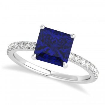 Princess Blue Sapphire & Diamond Single Row Hidden Halo Engagement Ring 14k White Gold (0.81ct)