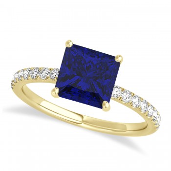 Princess Blue Sapphire & Diamond Single Row Hidden Halo Engagement Ring 14k Yellow Gold (0.81ct)