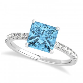 Princess Blue Topaz & Diamond Single Row Hidden Halo Engagement Ring 14k White Gold (0.81ct)