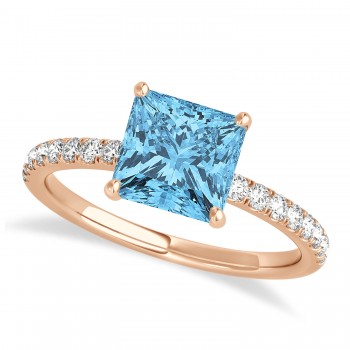 Princess Blue Topaz & Diamond Single Row Hidden Halo Engagement Ring 18k Rose Gold (0.81ct)