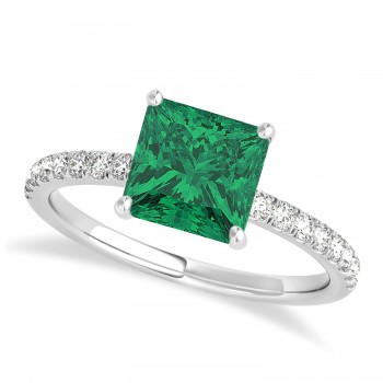 Princess Emerald & Diamond Single Row Hidden Halo Engagement Ring 18k White Gold (0.81ct)