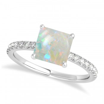 Princess Opal & Diamond Single Row Hidden Halo Engagement Ring 14k White Gold (0.81ct)