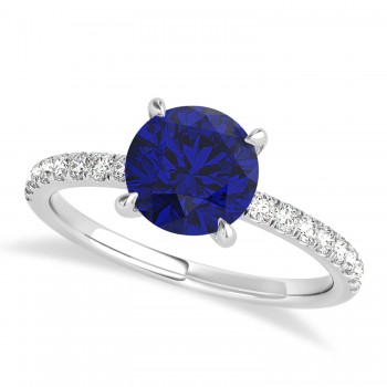 Round Blue Sapphire & Diamond Single Row Hidden Halo Engagement Ring 14k White Gold (1.25ct)