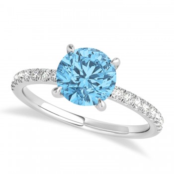 Round Blue Topaz & Diamond Single Row Hidden Halo Engagement Ring 18k White Gold (1.25ct)