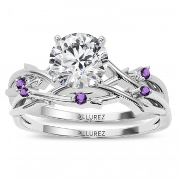 Round Amethyst Vine Leaf Engagement Ring Bridal Set in Palladium (0.05ct)