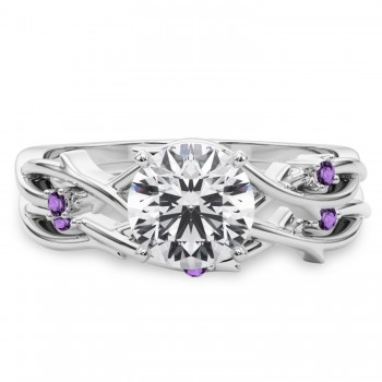 Round Amethyst Vine Leaf Engagement Ring Bridal Set in Palladium (0.05ct)