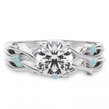 Round Aquamarine Vine Leaf Engagement Ring Bridal Set 18K White Gold (0.05ct)