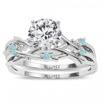Round Aquamarine Vine Leaf Engagement Ring Bridal Set in Palladium (0.05ct)