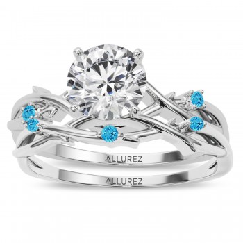 Round Blue Topaz Vine Leaf Engagement Ring Bridal Set in Palladium (0.05ct)