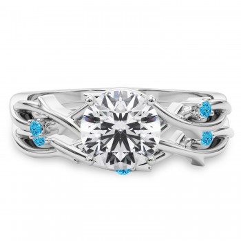 Round Blue Topaz Vine Leaf Engagement Ring Bridal Set in Palladium (0.05ct)
